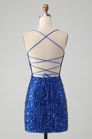Load image into Gallery viewer, Sparkly Royal Blue Bodycon Lace Up Short Sequins Prom Dress