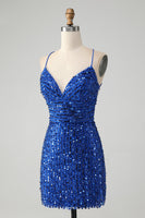 Load image into Gallery viewer, Sparkly Royal Blue Bodycon Lace Up Short Sequins Prom Dress