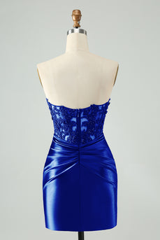 Glitter Royal Blue Beaded Appliques Tight Short Prom Dress