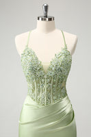 Load image into Gallery viewer, Glitter Green Beaded Appliques Tight Corset Party Dress