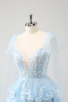 Load image into Gallery viewer, Glitter Blue V Neck A-Line Tiered Embroidery Short Prom Dress