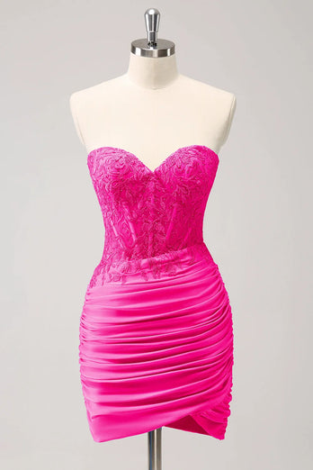 Sparkly Fuchsia Bodycon Strapless Corset Beaded Short Prom Dress with Appliques