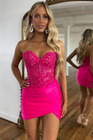 Load image into Gallery viewer, Women Sparkly Fuchsia Tight Short Prom Dress Strapless Corset Beaded Appliques Cocktail Dress