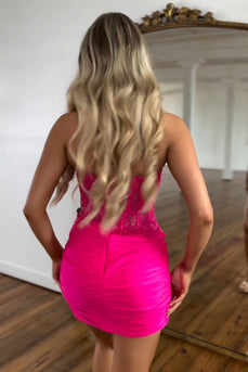 Sparkly Fuchsia Bodycon Strapless Corset Beaded Short Prom Dress with Appliques