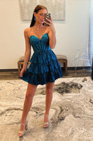 Load image into Gallery viewer, Glitter Peacock Blue A-Line Beaded Sweetheart Tiered Party Dress
