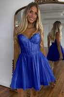 Load image into Gallery viewer, Sparkly Dark Green A-Line Beaded Spaghetti Straps Corset Short Prom Dress