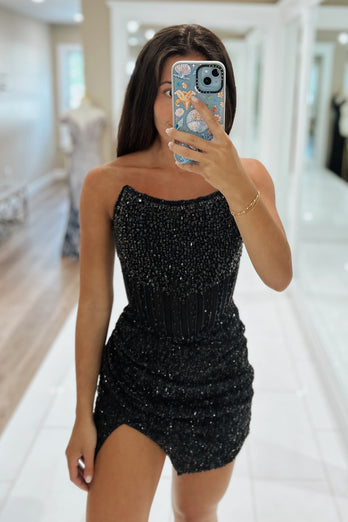 Sparkly Golden Strapless Tight Corset Rhinestones Short Prom Dress