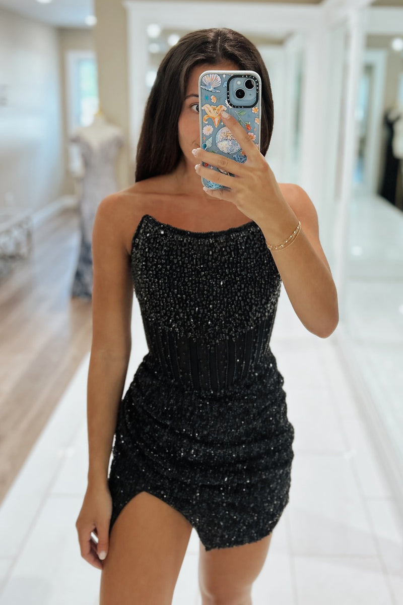 Load image into Gallery viewer, Sparkly Golden Strapless Tight Corset Rhinestones Short Prom Dress