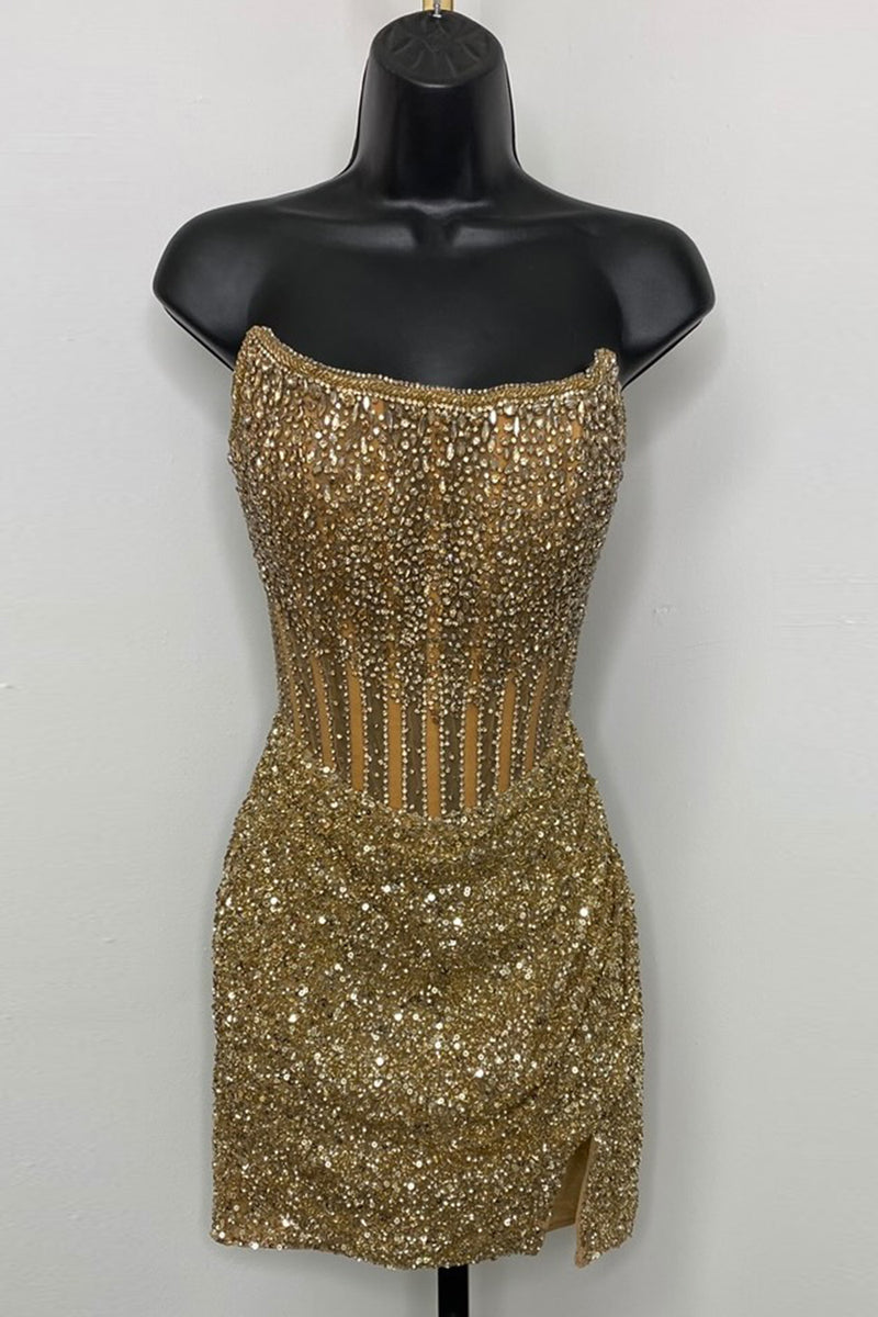 Load image into Gallery viewer, Sparkly Golden Strapless Tight Corset Rhinestones Short Prom Dress