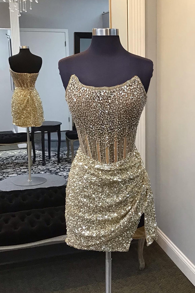 Load image into Gallery viewer, Sparkly Golden Strapless Tight Corset Rhinestones Short Prom Dress