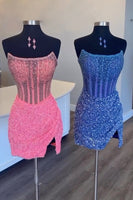 Load image into Gallery viewer, Women Sparkly Pink Tight Short Prom Dress Strapless Beaded Corset Sequins Birthday Party Dress