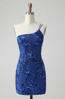 Load image into Gallery viewer, Sparkly Bodycon Royal Blue One Shoulder Sequins Party Dress with Embroidery