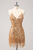 Load image into Gallery viewer, Glitter Hot Pink Sequined Tight V Neck Short Prom Dress with Tassels