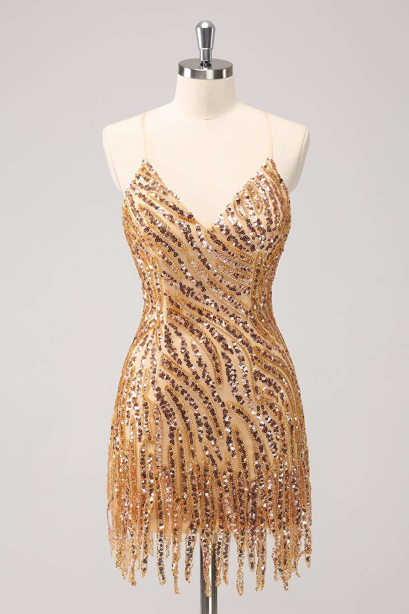 Load image into Gallery viewer, Glitter Hot Pink Sequined Tight V Neck Short Prom Dress with Tassels