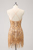 Load image into Gallery viewer, Glitter Hot Pink Sequined Tight V Neck Short Prom Dress with Tassels