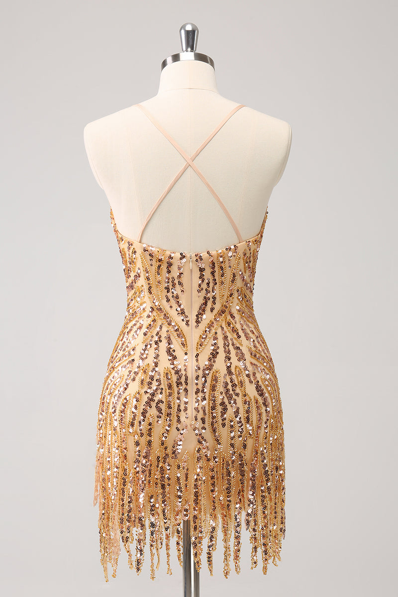 Load image into Gallery viewer, Glitter Hot Pink Sequined Tight V Neck Short Prom Dress with Tassels