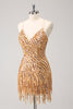 Load image into Gallery viewer, Glitter Hot Pink Sequined Tight V Neck Short Prom Dress with Tassels