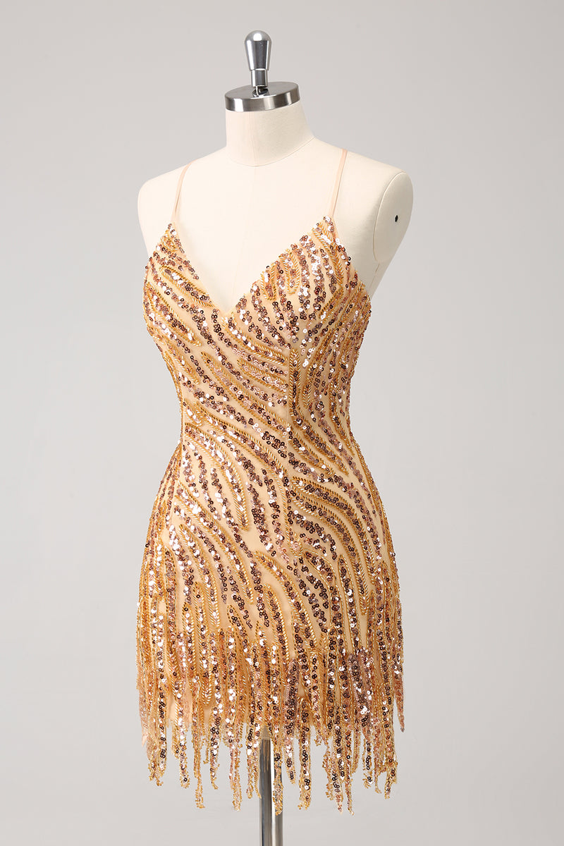 Load image into Gallery viewer, Glitter Hot Pink Sequined Tight V Neck Short Prom Dress with Tassels
