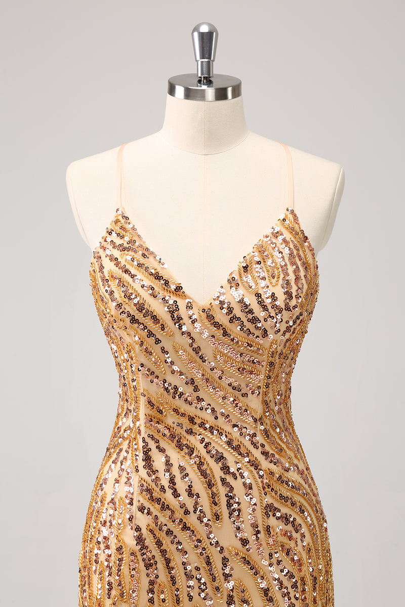 Load image into Gallery viewer, Glitter Hot Pink Sequined Tight V Neck Short Prom Dress with Tassels