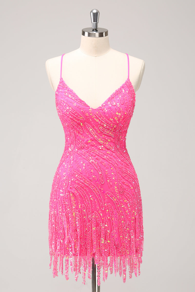 Load image into Gallery viewer, Glitter Hot Pink Sequined Tight V Neck Short Prom Dress with Tassels
