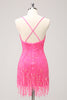 Load image into Gallery viewer, Glitter Hot Pink Sequined Tight V Neck Short Prom Dress with Tassels