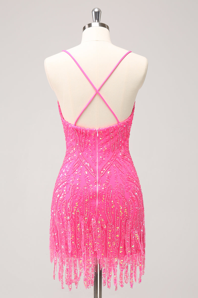 Load image into Gallery viewer, Glitter Hot Pink Sequined Tight V Neck Short Prom Dress with Tassels