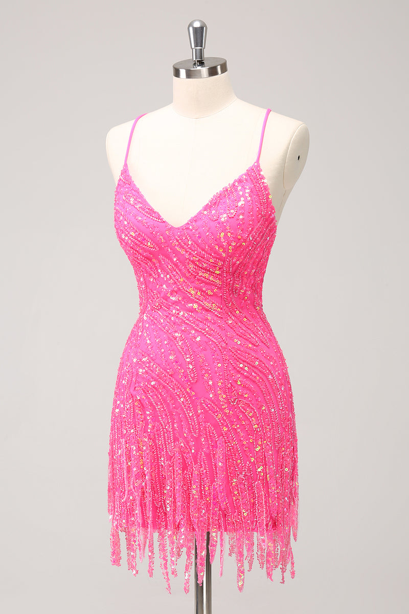Load image into Gallery viewer, Glitter Hot Pink Sequined Tight V Neck Short Prom Dress with Tassels