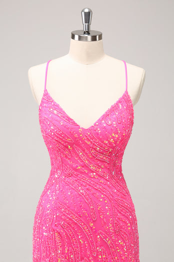 Glitter Hot Pink Sequined Tight V Neck Short Prom Dress with Tassels