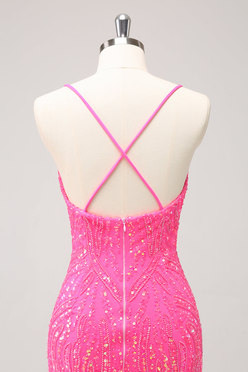Load image into Gallery viewer, Glitter Hot Pink Sequined Tight V Neck Short Prom Dress with Tassels