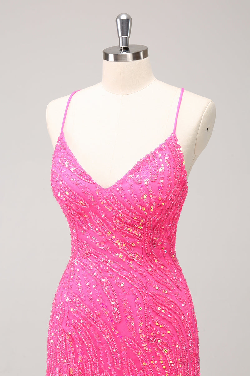 Load image into Gallery viewer, Glitter Hot Pink Sequined Tight V Neck Short Prom Dress with Tassels