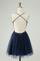 Load image into Gallery viewer, Glitter Navy A-Line Sequined Tulle Short Prom Dress