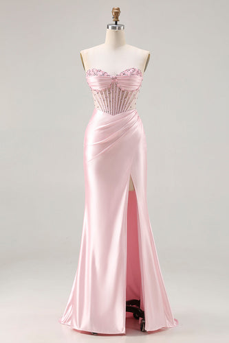 Sparkly Pink Satin Beaded Mermaid Long Corset Prom Dress with Slit