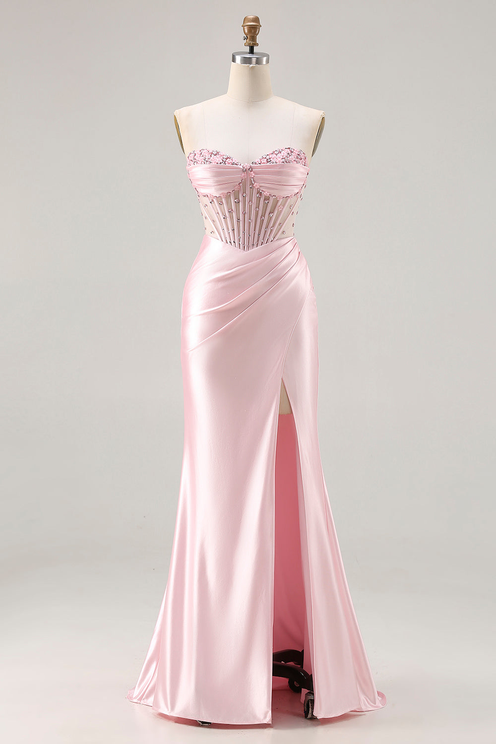Sparkly Pink Satin Beaded Mermaid Long Corset Prom Dress with Slit