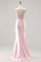 Load image into Gallery viewer, Sparkly Pink Satin Beaded Mermaid Long Corset Prom Dress with Slit