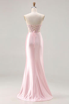 Sparkly Pink Satin Beaded Mermaid Long Corset Prom Dress with Slit