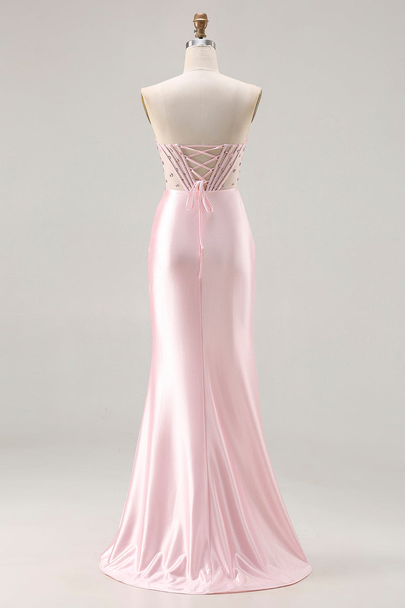 Load image into Gallery viewer, Sparkly Pink Satin Beaded Mermaid Long Corset Prom Dress with Slit
