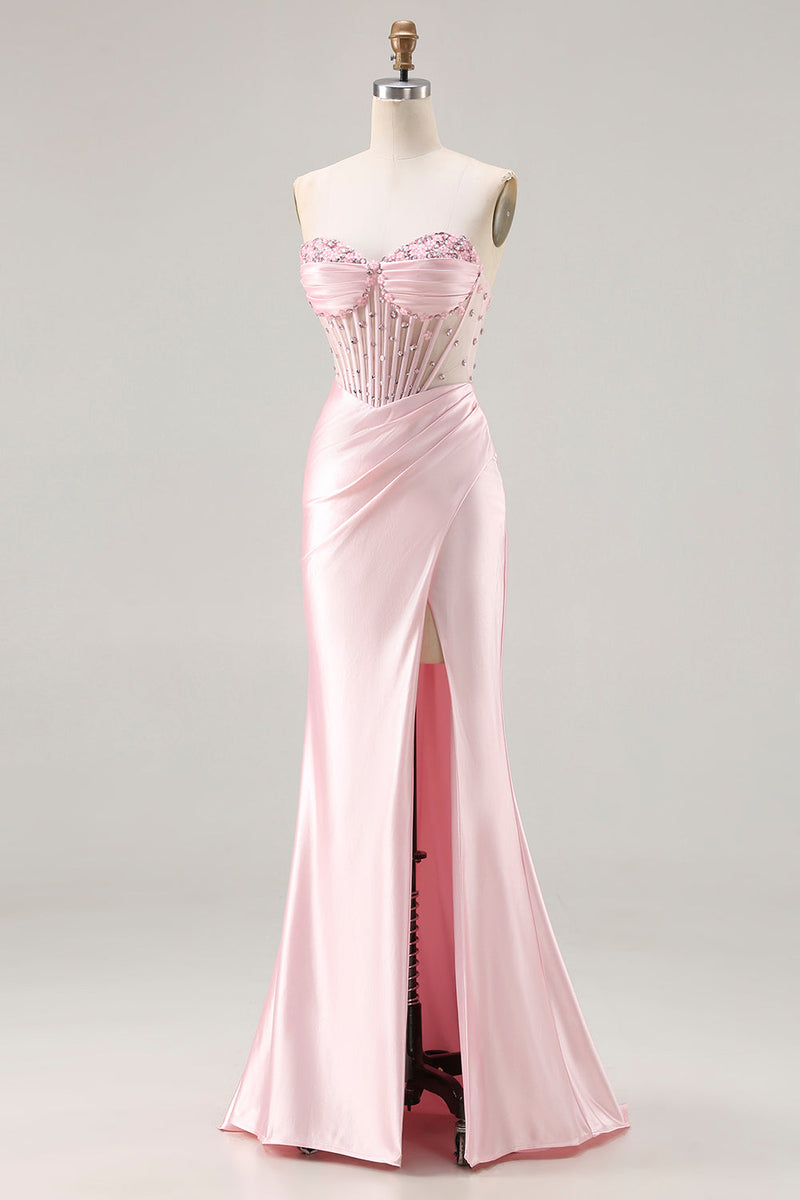 Load image into Gallery viewer, Sparkly Pink Satin Beaded Mermaid Long Corset Prom Dress with Slit