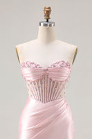 Load image into Gallery viewer, Sparkly Pink Satin Beaded Mermaid Long Corset Prom Dress with Slit
