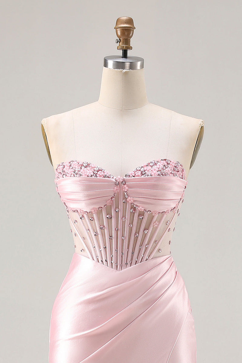 Load image into Gallery viewer, Sparkly Pink Satin Beaded Mermaid Long Corset Prom Dress with Slit