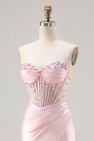 Load image into Gallery viewer, Sparkly Pink Satin Beaded Mermaid Long Corset Prom Dress with Slit