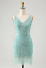 Load image into Gallery viewer, Sparkly Dark Blue Tight V Neck Short Prom Dress with Tassels