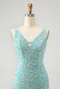 Load image into Gallery viewer, Sparkly Dark Blue Tight V Neck Short Prom Dress with Tassels