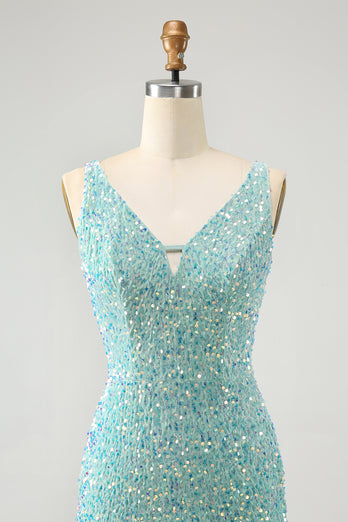 Sparkly Dark Blue Tight V Neck Short Prom Dress with Tassels