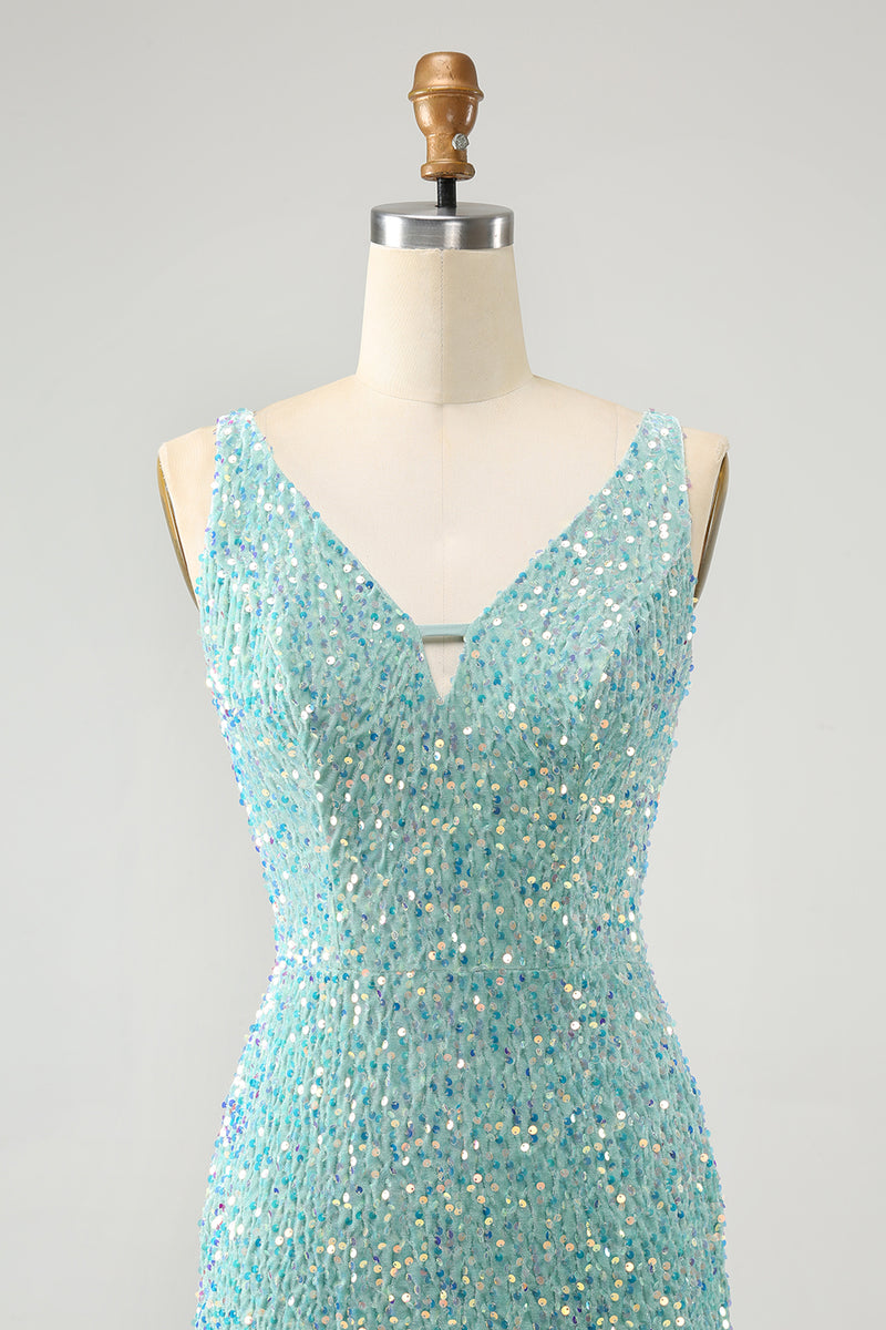 Load image into Gallery viewer, Sparkly Dark Blue Tight V Neck Short Prom Dress with Tassels
