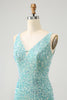 Load image into Gallery viewer, Sparkly Dark Blue Tight V Neck Short Prom Dress with Tassels