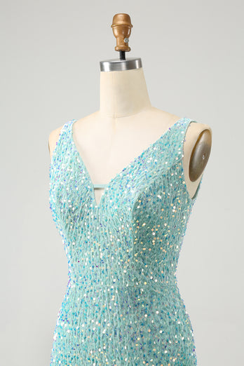 Sparkly Dark Blue Tight V Neck Short Prom Dress with Tassels