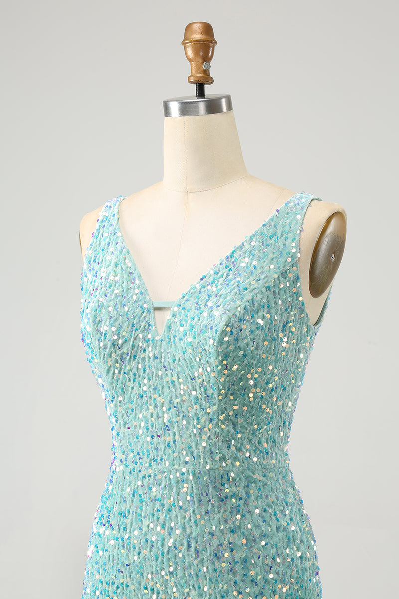 Load image into Gallery viewer, Sparkly Dark Blue Tight V Neck Short Prom Dress with Tassels