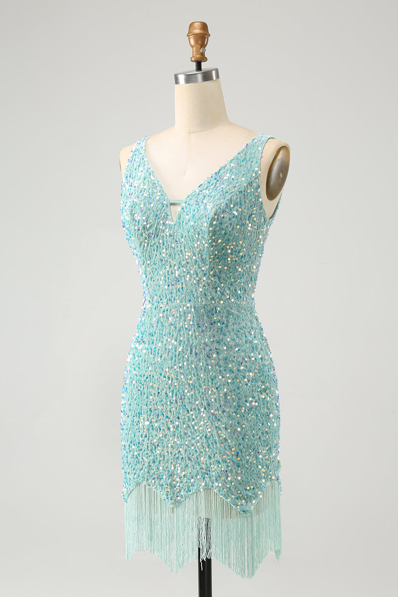 Load image into Gallery viewer, Sparkly Dark Blue Tight V Neck Short Prom Dress with Tassels