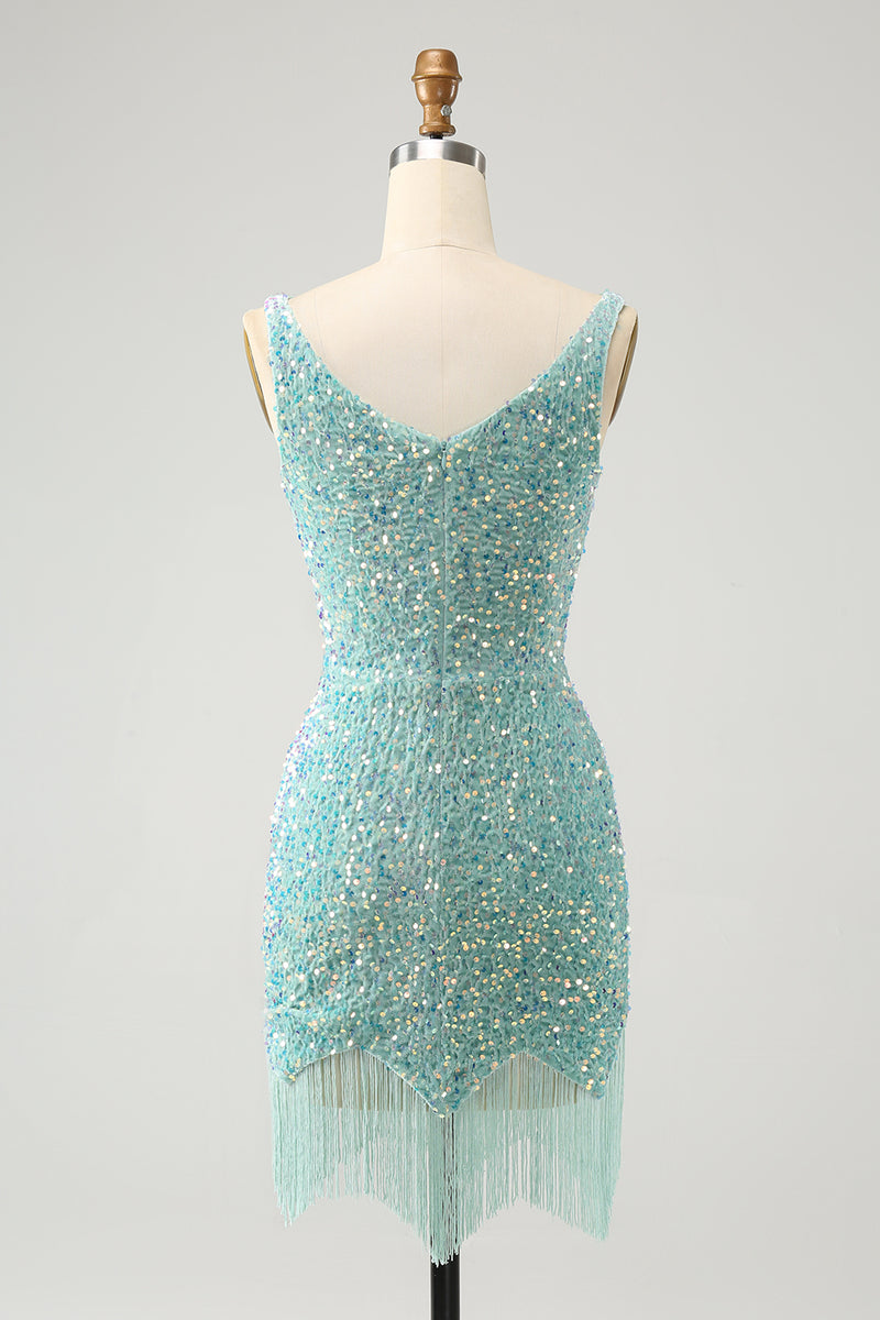Load image into Gallery viewer, Sparkly Dark Blue Tight V Neck Short Prom Dress with Tassels