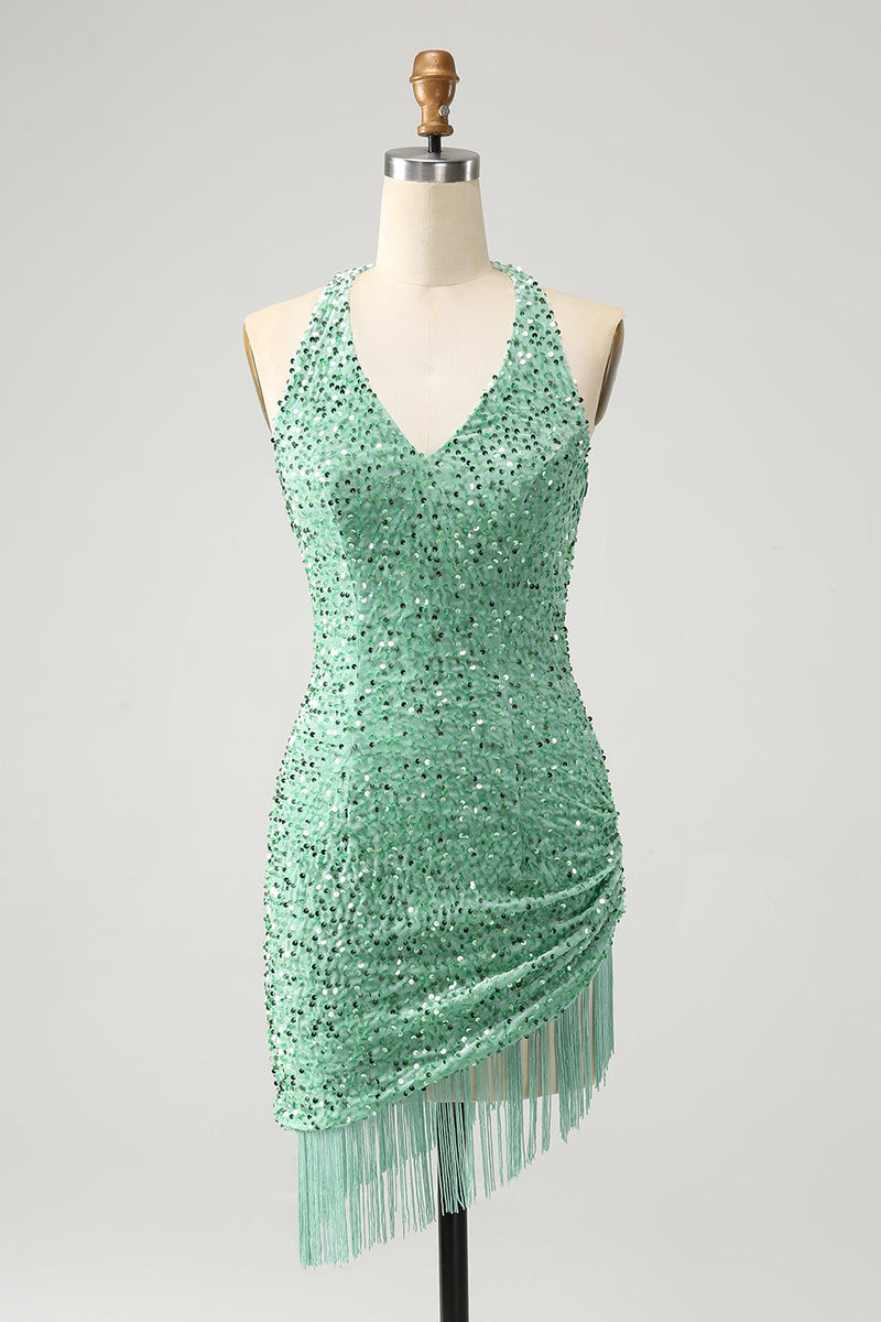 Load image into Gallery viewer, Glitter Fuchsia Sequins Halter Tight Short Prom Dress with Tassels
